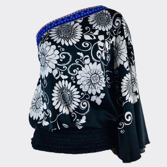 ICE One Shoulder Asymmetrical Purple Sequins White Floral Black Top Medium - Picture 2 of 16